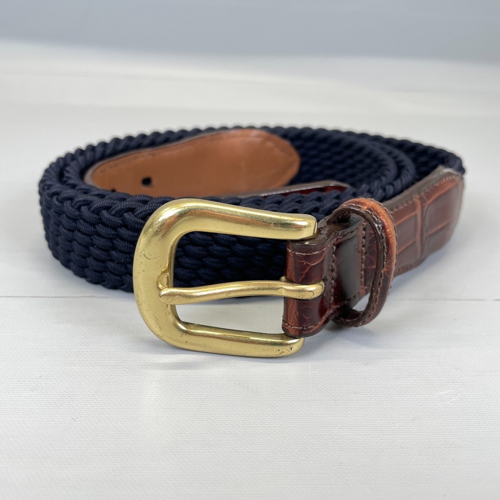 Brighton Stretch Belt Mens Size 42 Blue Braided Leather Fabric Gold Buckle Croc